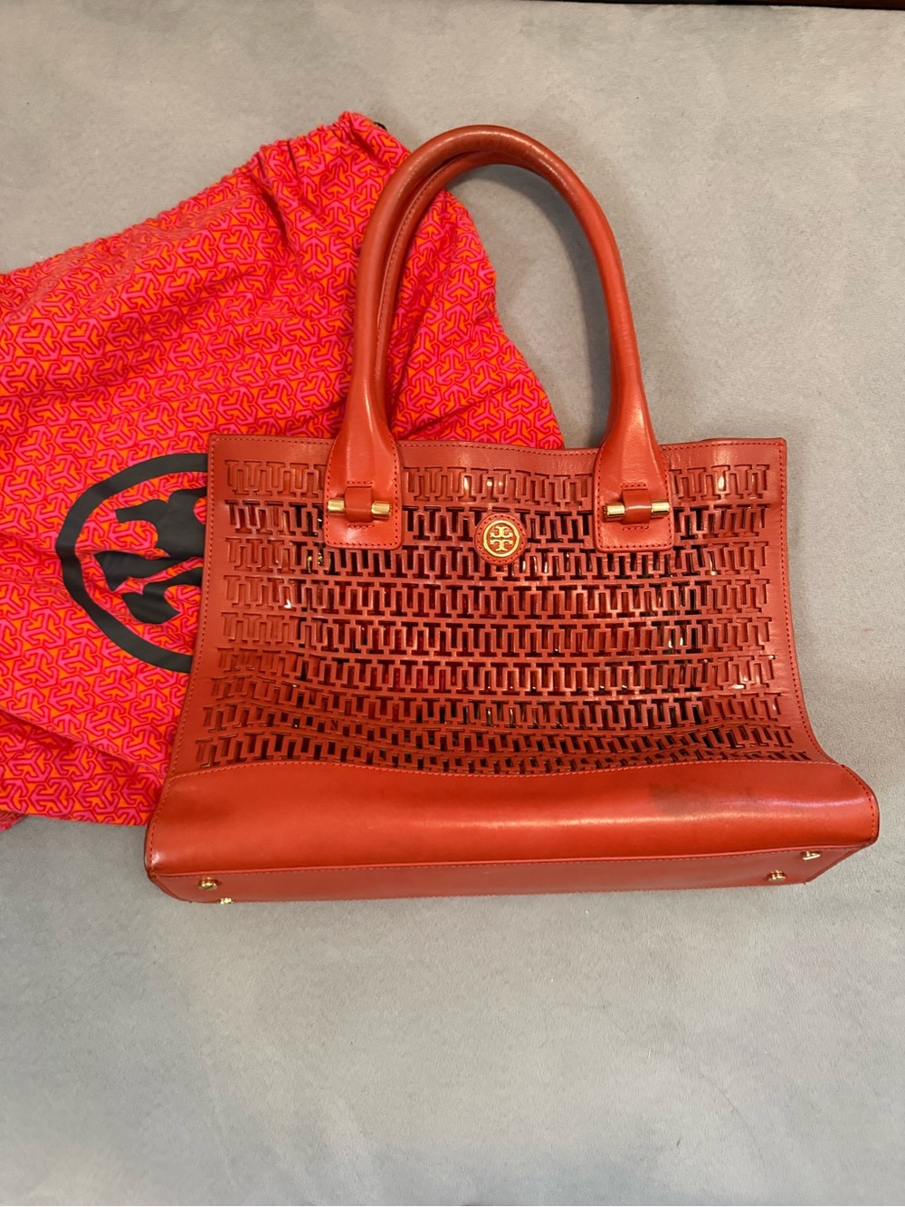 Tory Burch Perforated Leather Tote in Burnt Orange with Gold Hardware